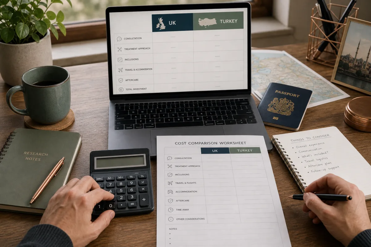 Editorial image of hair transplant Turkey cost comparison notes, calculator and travel planning materials.