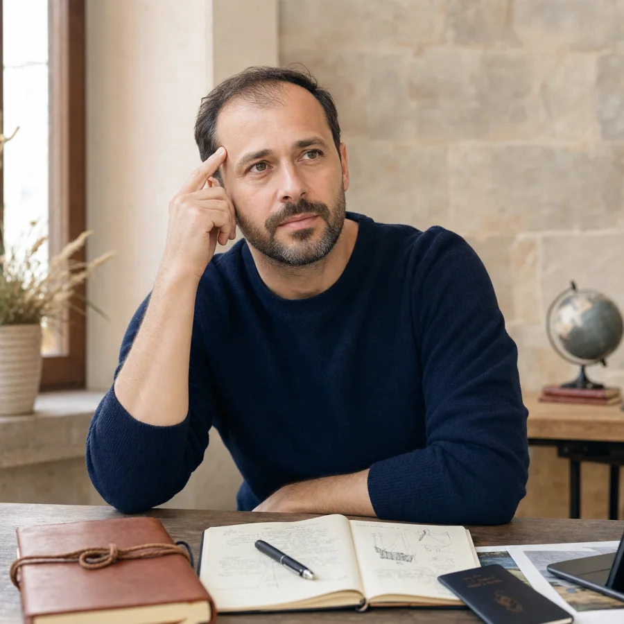 Realistic editorial portrait representing Mark during hair transplant research.