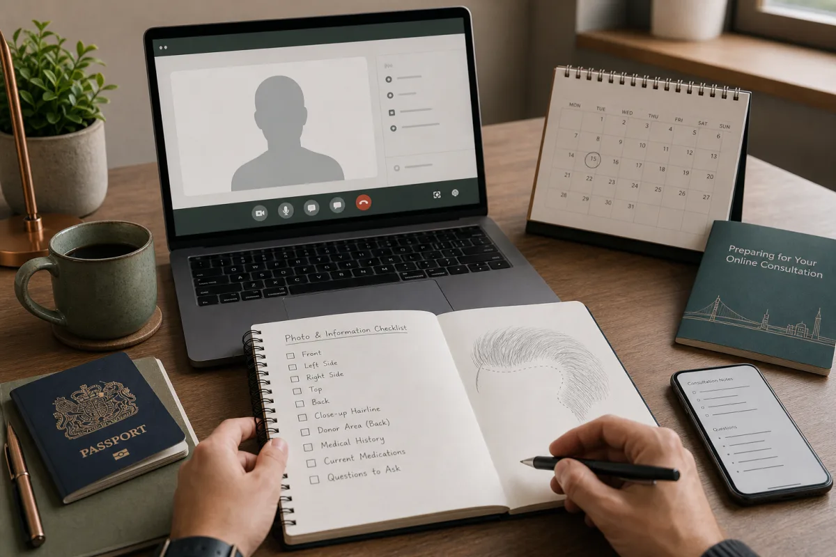 Editorial image of an online hair transplant consultation planning workspace.