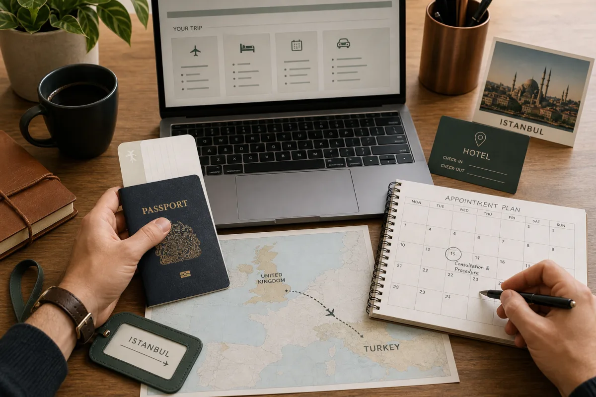 Editorial image of travel planning materials for hair transplant in Turkey.