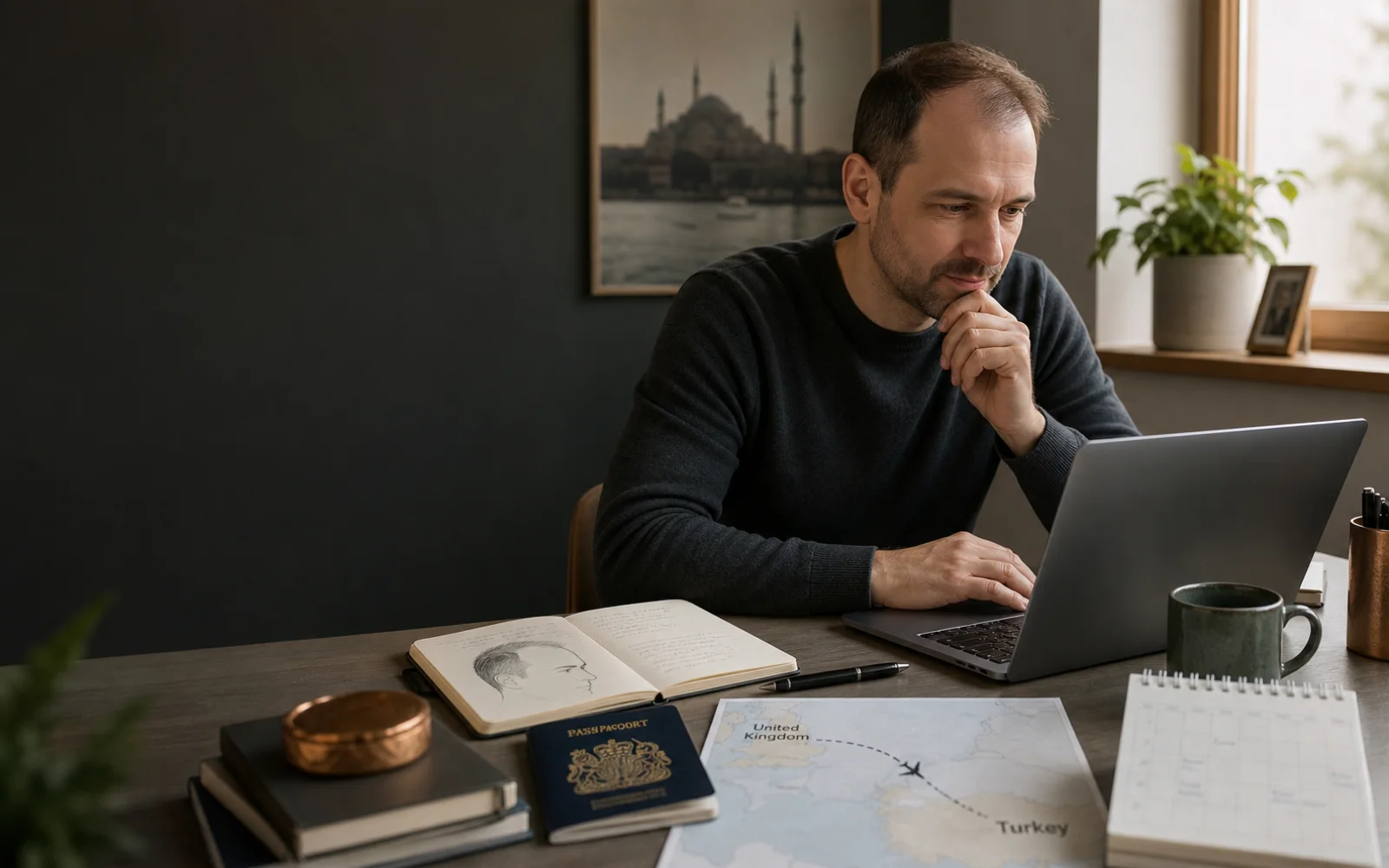 Realistic editorial image of a fictional patient researching hair transplant in Turkey on a laptop.